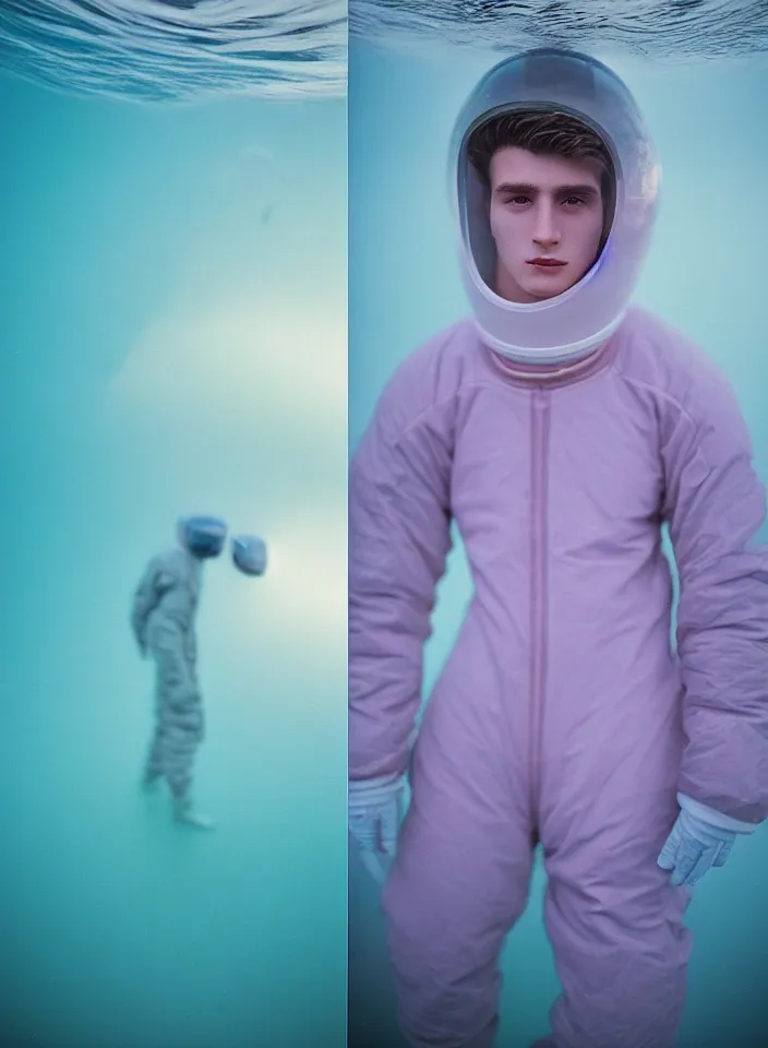 Prompt: high quality pastel coloured film portrait photograph of one beautiful young 2 0 year old male, soft features, short hair, wearing perspex space suit and oversized inflated clothing!! icelandic black rock pool environment. atmospheric three point light. photographic. art directed. ( pastel colours ). volumetric. clearcoat. waves. 8 k. filmic.