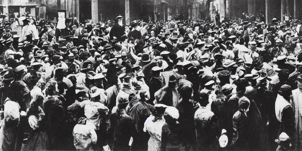 Image similar to scary unproportionable tall ghost creature in the middle of a crowd, 1900s picture