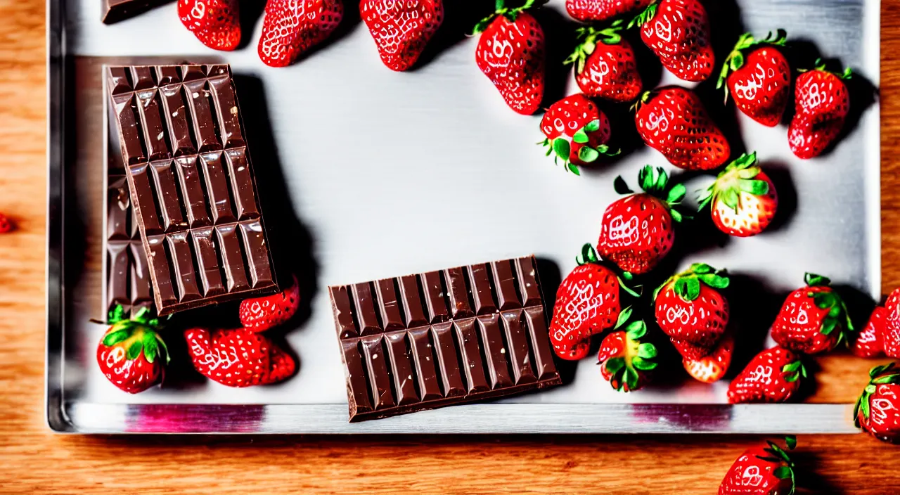 Image similar to A fancy chocolate bar on an opened silver wrapper, with one piece broken off, on a wooden tray, next to sliced strawberries, macro lens product photo