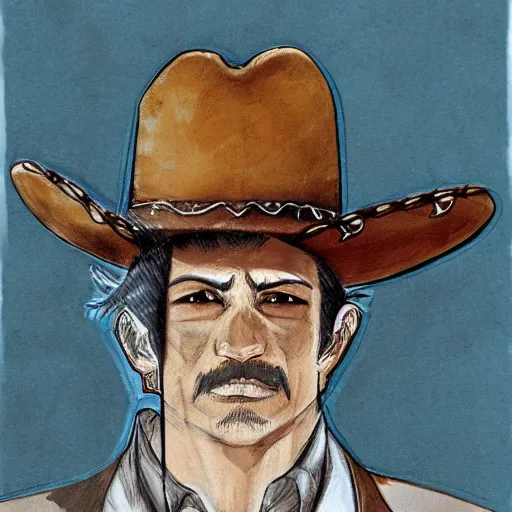 Prompt: mexican vaquero portrait, yoshitaka amano character design