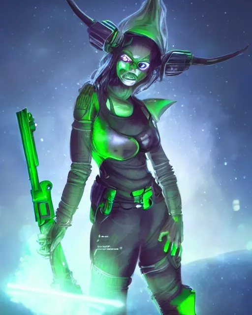 Prompt: attractive futuristic goblin girl with green skin holdig a laser rifle with hair on her head and pointy ears, photorealistic digital illustration, sci fi
