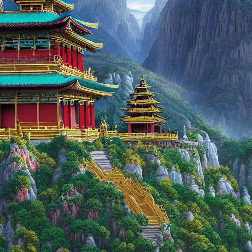 Image similar to a beautiful and highly detailed matte painting of a colorful buddhist temple in the distance high in the most epic mountains ever, intricate details, epic scale, insanely complex, 8 k, sharp focus, hyperrealism, very realistic, by caspar friedrich, greg rutowski, james gurney