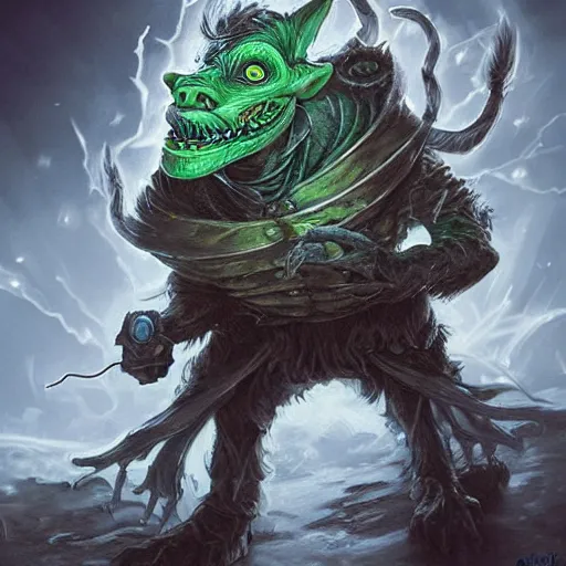 Image similar to a highly detailed goblin with grey skin and blue eyes that glow, with a tornado in his hand, like magic the gathering, goblin chainwalker, digital art, by christopher rush