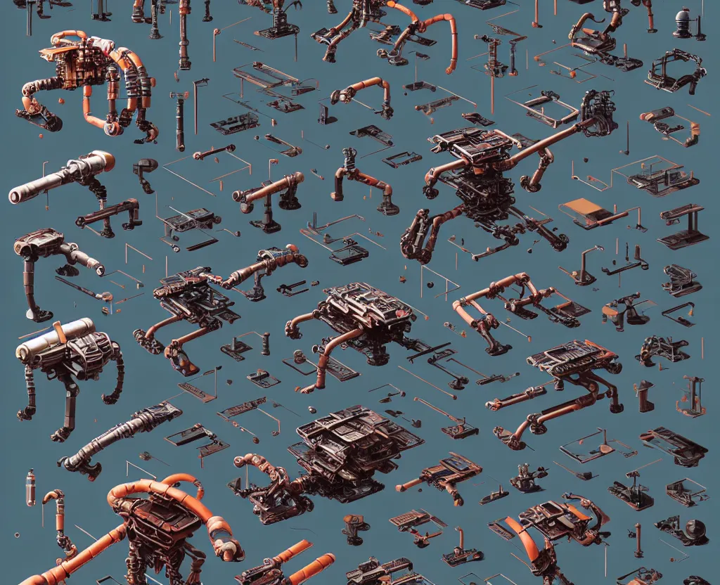 Image similar to collection exploration form shapes, katsuhiro otomo, robot arms, props, hard surface, panel, simon stalenhag, kitbash, items, big, close up shot, futuristic, parts, machinery, greebles, insanely detailed, case, hardware, golden ratio, wes anderson color scheme, in watercolor gouache detailed paintings, sleek design