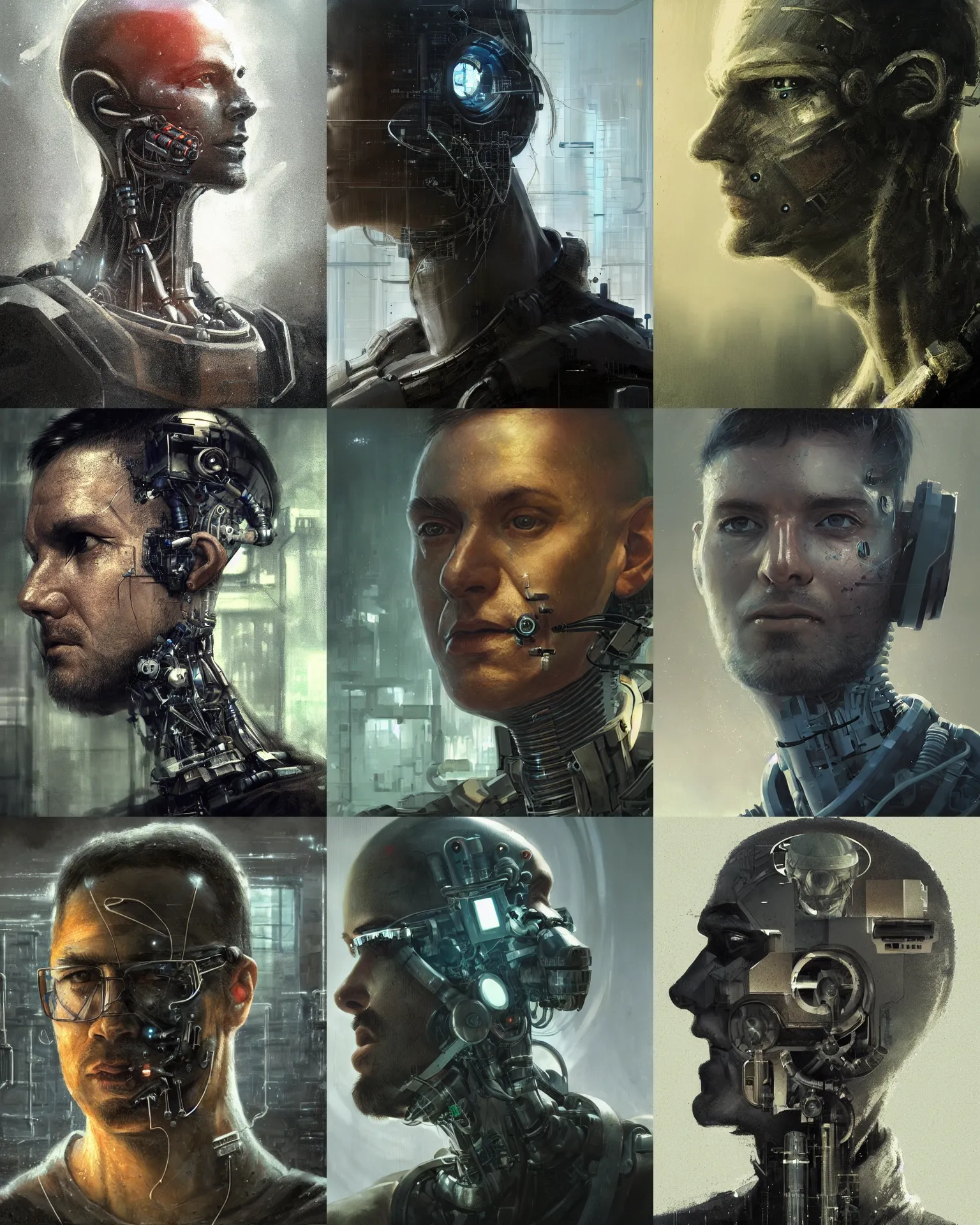 Prompt: a laboratory operator man with cybernetic enhancements seen from a distance, 1 / 4 headshot, dystopian scifi character portrait by greg rutkowski, craig mullins, daytoner, cinematic lighting, dystopian scifi gear, profile picture, mechanical, cyborg, half robot