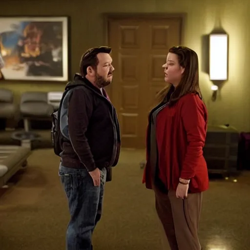 Image similar to movie shot from a sci - fi comedy with ricky gervais played by melissa mccarthy