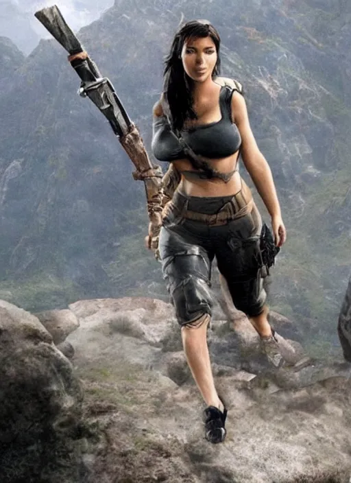 Image similar to movie still of kim kardashian as lara croft in the movie tomb raider