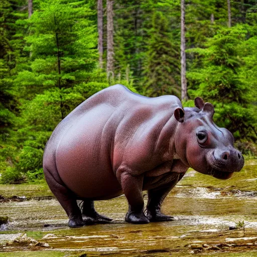 Image similar to a happy hippopotamus in a forest of cedar trees, realistic, photograph, high quality