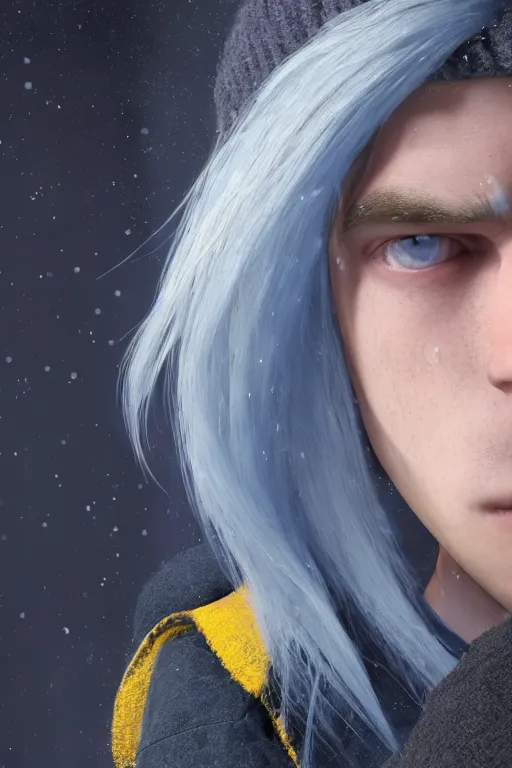 Image similar to a male teenager with long blue hair and yellow eyes wearing a winter overcoat, hyperrealistic, concept art, octane render, unreal engine 5, trending on artstation, high quality, 8 k, highly detailed, digital art, anatomically correct, symmetrical, realistic and defined face, profile picture, high coherence, path traced, beautiful, elegant clothes