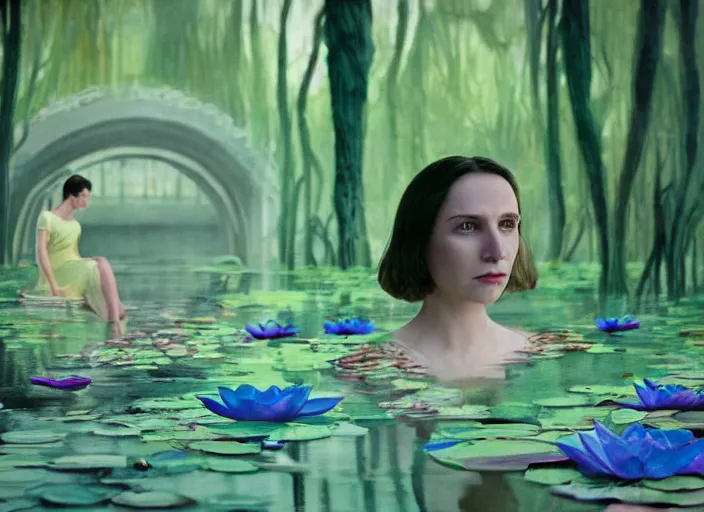 Image similar to cinematic mid shot of a high detail, woman's face looking off camera. fine facial features. she stands in an empty, pastel colourful 3 d, water lilly swamp, by jeffrey smart and gregory crewdson and edward hopper, inspired by the grand budapest hotel