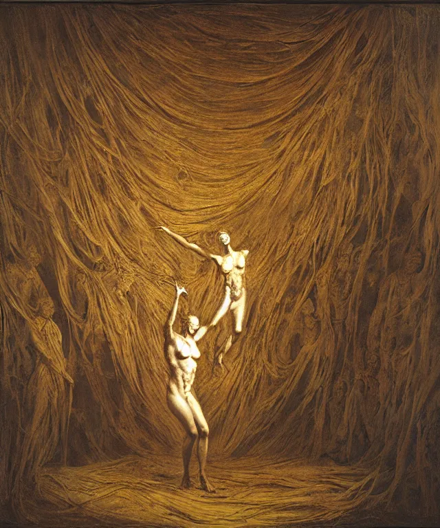 Prompt: The transparent room without doors and windows with beautiful full-body wax sculpture of the glowing transparent woman with visible golden bones inside her in the singularity where stars becoming baroque folds of dark matter by Michelangelo da Caravaggio, Nicola Samori, William Blake, Alex Grey and Beksinski, dramatic volumetric lighting, super detailed oil painting, 8k, masterpiece