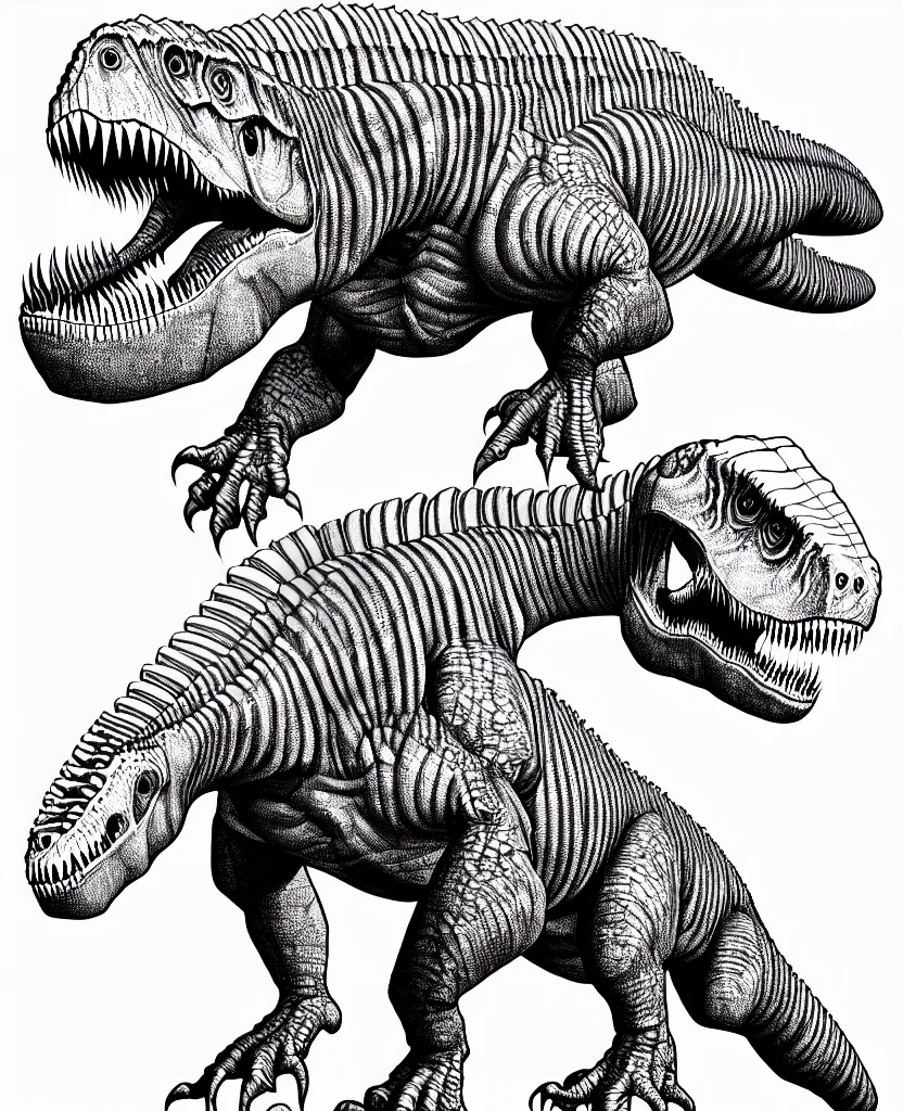 Image similar to tyrannosaurus rex walking around, symmetrical, accurate, simple clean black lines, black and white, white background and fill, coloring book, comic book, graphic art, line art, vector art, by martina matteucci, pavel shvedov, peter lundqvist, diane ramic, christina kritkou, artstation