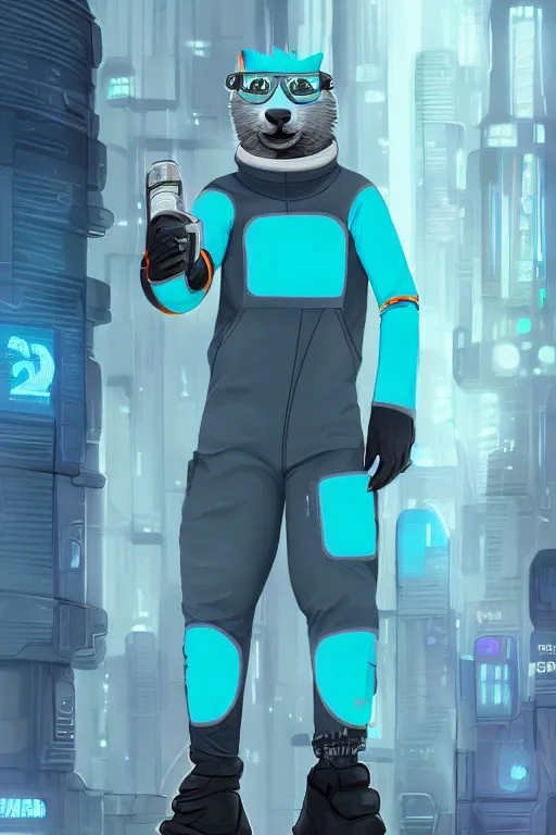 Prompt: a cute male gray turquoise white orange otter fursona wearing tight futuristic clothes in the streets of cyberpunk city, fantasy, paws, 8 k resolution, hyper detailed, character design