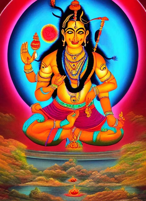 Image similar to digital visionary painting, hindu art, masterpiece, lord shiva creates the world with his primordial om, realistic, highly detailed, post produced