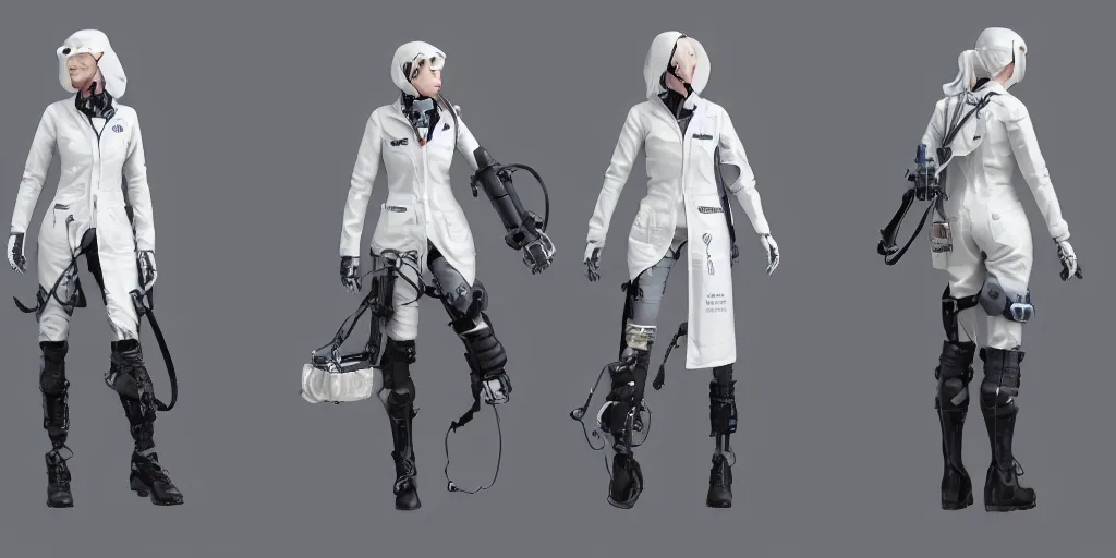 Image similar to a woman in scientist's jacket with a system of straps and pouches for collecting material by Tetsuya Nomura, trending on artstation and pixiv clean sci-fi concept art and sheet that using unreal engine 5 render and hyper detailed 3D texture with cinematic software light