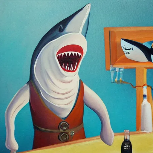 Prompt: Shark bartender, high quality painting