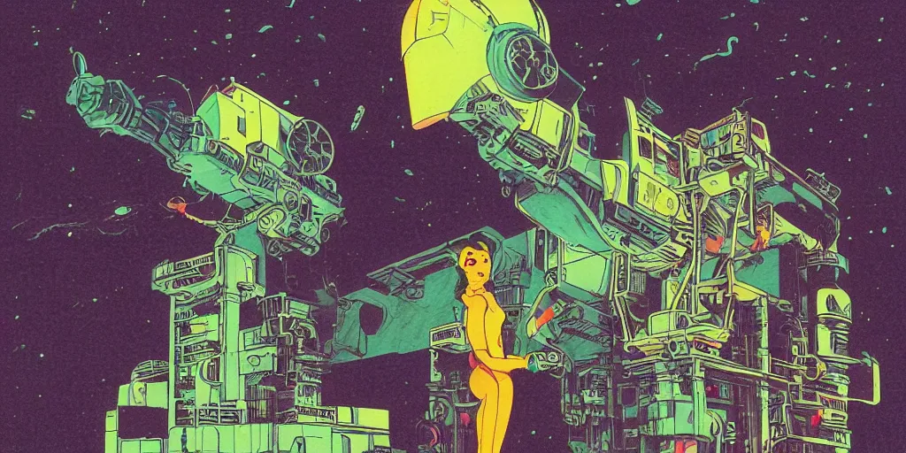 Image similar to a risograph of a futuristic vintage sci - fi, 2 d matte gouache illustration, gigantic woman playing with mechanical floating head shooting lasers from it's eyes, ornate, detailed, dramatic, ominous, drawing by moebius and satoshi kon, saturated colors, grainy, 8 k