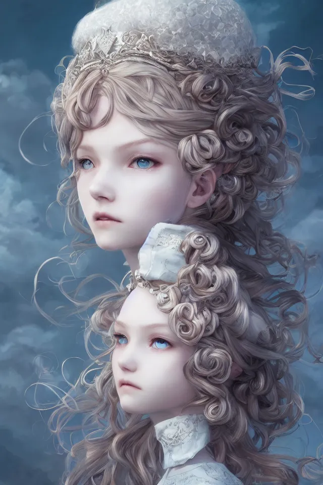 Prompt: white princess character portrait in the sky market, color page, 4 k, tone mapping, doll, akihiko yoshida, james jean andrei riabovitchev marc simonetti, yoshitaka amano, digital illustration, braided hair, ringlet, curls, fine art,