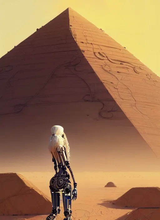 Image similar to highly detailed portrait of a robotic cyborg long curly white hair nomadic tribal lady, stray wiring, emerging from sand by atey ghailan, james gilleard, by joe fenton, by greg rutkowski, by greg tocchini, by kaethe butcher, 4 k resolution, gradient yellow, black and white color scheme!!! ( ( robotic sandstorm robotic pyramid landscape background ) )