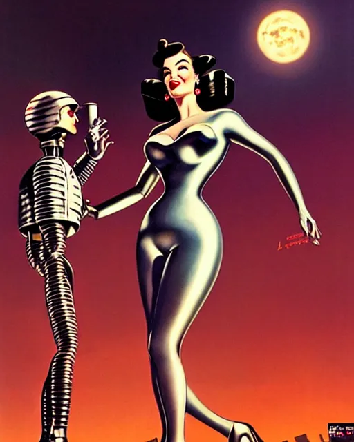 Prompt: closeup beautiful retro space dita von teese posing with a chrome robot in diesel punk city at night, pinup, windblown dark hair, seductive, hyper detailed, digital art, smooth, sharp focus, gil elvgren, luis royo, alberto vargas, 1 9 5 0, when mars attacks