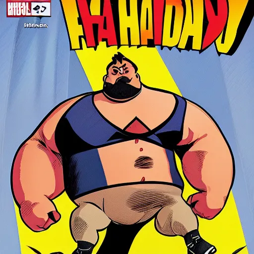 Image similar to A fat man with a fade haircut and a mustache as a comic book hero fighting off evil,, 4k, comic book cover