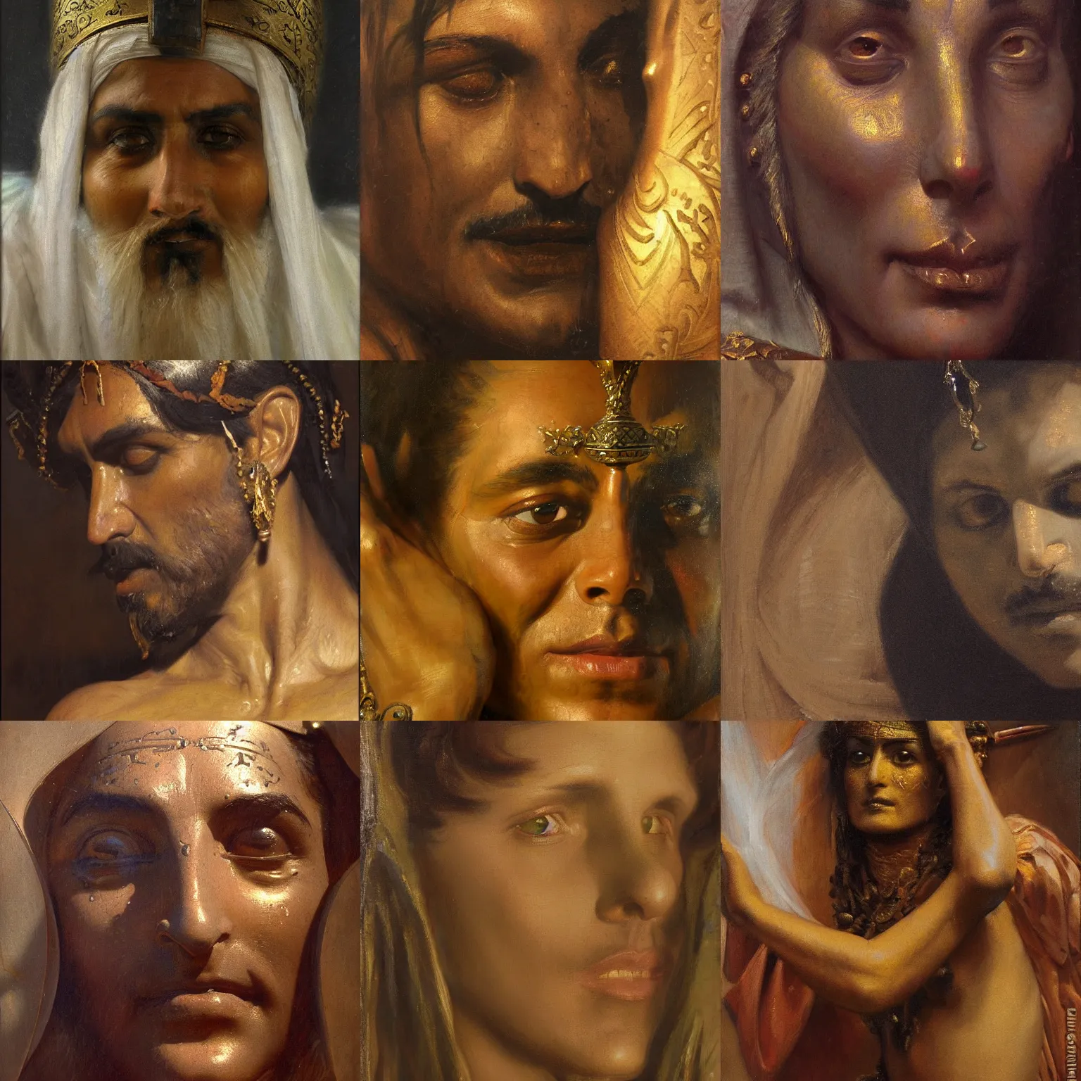 Prompt: djinni orientalism face detail by theodore ralli and nasreddine dinet and anders zorn and edwin longsden long, bronze age, sword and sorcery, oil on canvas, masterful intricate artwork, excellent lighting, high detail 8 k