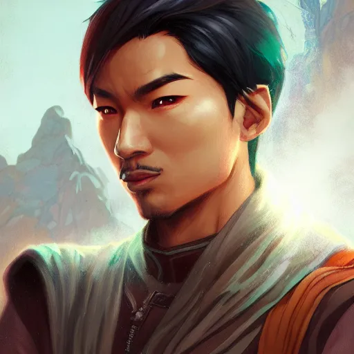 Prompt: asian male rogue wearing a hood, detailed fantasy character portrait, d & d, highly detailed, digital painting, artstation, concept art, sharp focus, illustration, art by artgerm and greg rutkowski and alphonse mucha and loish