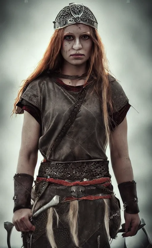 Image similar to photorealistic photograph of beautiful female viking warrior with large sad gray eyes, bloody, cinematic, 28mm