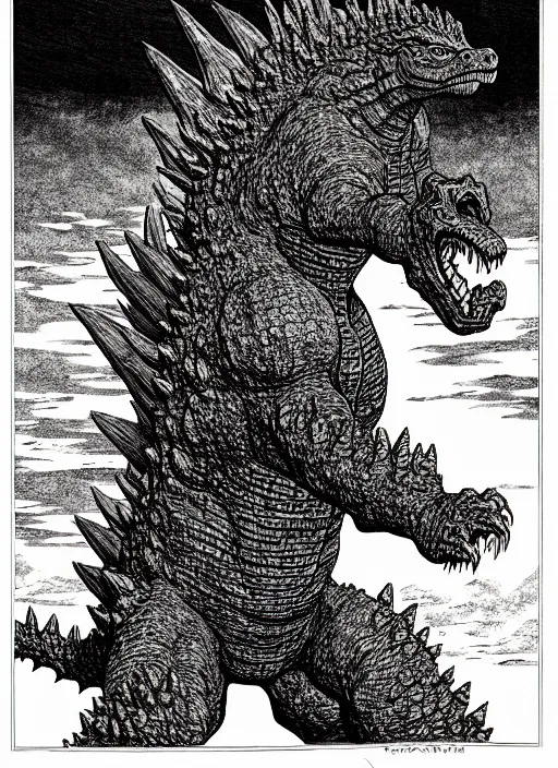 Image similar to godzilla as a d & d monster, full body, pen - and - ink illustration, etching, by russ nicholson, david a trampier, larry elmore, 1 9 8 1, hq scan, intricate details, stylized border