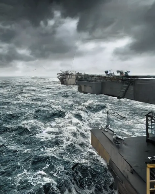 Image similar to view from an aircraft carrier of stormy seas, stormy weather, unreal engine, hyper realism, realistic shading, cinematic composition, realistic render, octane render, detailed textures, photorealistic, ultrawide shot, 16mm lens