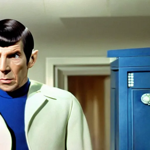 Prompt: photo of mr spock blue uniform exiting the tardis, cinematic, movie still