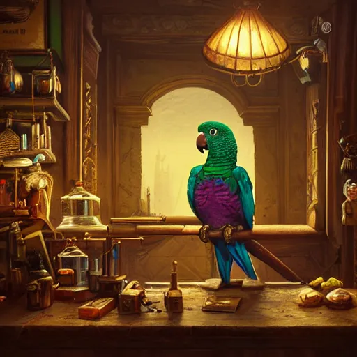 Image similar to A Anthropomorphized parrot trader in his shop, selling his wares, portrait, items, gold, carpet, window, sly expression, cunning expression, D&D, fantasy, intricate, cinematic lighting, highly detailed, digital painting, artstation, concept art, smooth, sharp focus, illustration, art by Greg Rutkowski