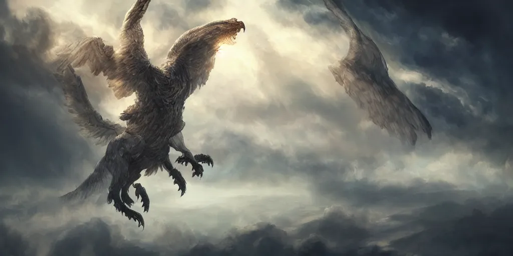 Image similar to a giant griffin ascending to the clouds, concept art, digital illustration, trending on artstation, deviantart, artgerm, epic composition, masterpiece, highly detailed, advanced technique, ambient lighting, wlop, ross draws