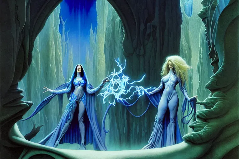 Image similar to the female arcanist and the male artificer by michael whelan and roger dean and brom and hubert robert and greg staples and donato giancola, beautiful, flowing magical robe, highly detailed, hyperrealistic, intricate, energy, electric, blue flame, low light, green crystal, high contrast, old and young, lifelike