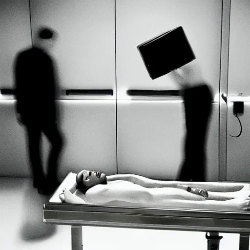 Image similar to perfume ad man on morgue, night, black, noir, tv commercial