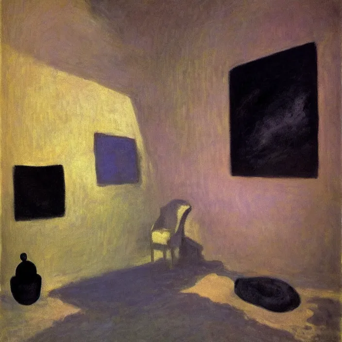 Image similar to the giant boulder, dark obsidian rock of ages filling up the interior of home. high contrast, psichedelic colors. painting by monet, hammershoi, agnes pelton, mark rothko