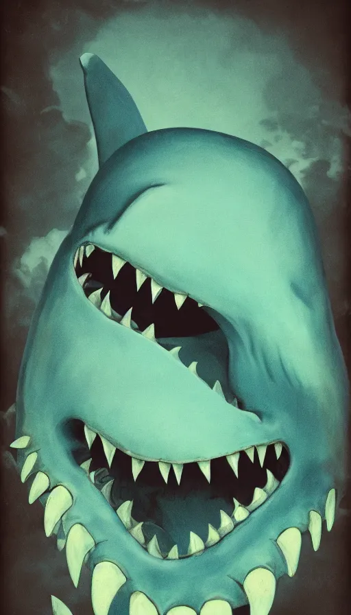 Prompt: a cerulean color pentax photograph of a monstrous horror whale, sharp teeth, giant mouth, dark fantasy horror art