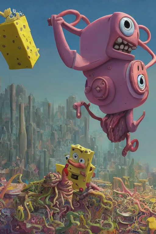 Prompt: SpongeBob and Patrick from Disney Chanel., disco elysium, highly detailed, digital painting, artstation, concept art, smooth, sharp focus, illustration, art by artgerm and greg rutkowski and alphonse mucha and Wayne Barlowe and Zdislav Beksinski and Francis Bacon