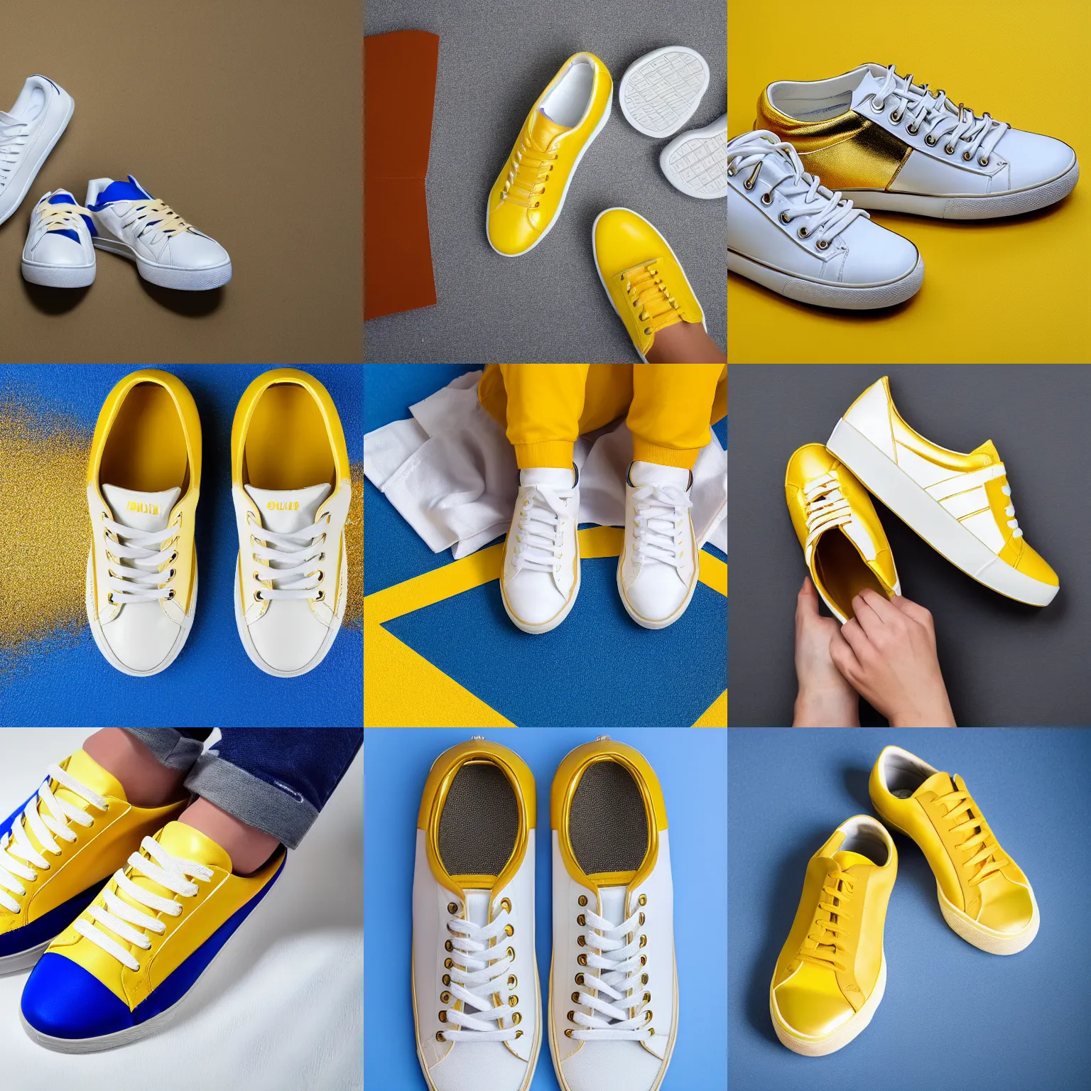 Prompt: yellow gold and white sneaker concept with vibrant colors, photo studio, Amazon product shot, 4K HD, crisp white background, side on shot