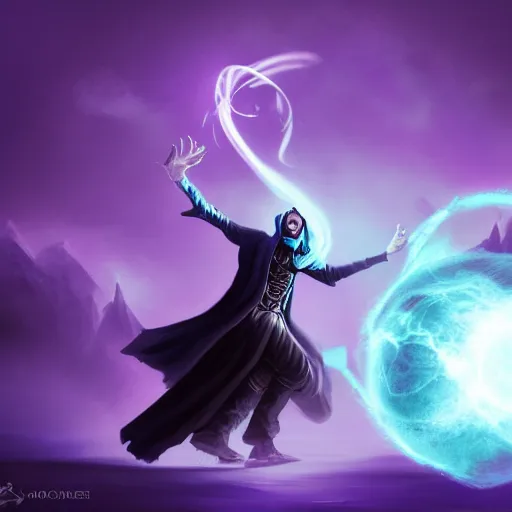 Prompt: a warlock is casting a magic spell, while a few small magic orb is floating nearby, the magic orb emit a blueish vapour, dynamic pose, chromatic aberration , medium level shot, Grim fantasy, illustration ,digital art, concept art,