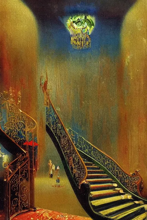 Prompt: 1920s decorated surrealist ballroom casts long exaggerated shadows, crystalline light rays refract dust, impressionst oil painting on wood, big impressionist oil paint strokes, decadent spiral staircase, symmetric 1930s dimly lit art deco interior concept art by Ivan Aivazovsky, ukiyo-e print, japanese woodblock