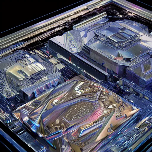 Image similar to sci-fi motherboard structure on the coronation of napoleon painting and digital hologram in the middle, unreal engine 5, keyshot, octane, artstation trending, ultra high detail, ultra realistic, cinematic, 8k, 16k, in style of zaha hadid, in style of nanospace Michael Menzelincev artstation, in style of Lee SOUDER artstation, colors in style of Blade Runner 2049, in plastic, dark, tilt shift,