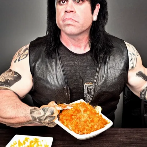 Prompt: Glenn Danzig eating a very messy chili dog. He is wearing a leather vest. Chili and beans have spilled on his bare chest.