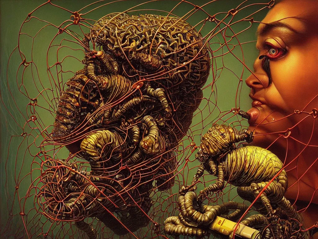Prompt: realistic detailed image of a cockroaches eating ahuman brain connected with wires and cords to a computer from 90s in an old dirty soviet apartment by Ayami Kojima, Amano, Karol Bak, Greg Hildebrandt, and Mark Brooks, Neo-Gothic, gothic, rich deep colors. Beksinski painting, part by Adrian Ghenie and Gerhard Richter. art by Takato Yamamoto. masterpiece. realistic detailed image