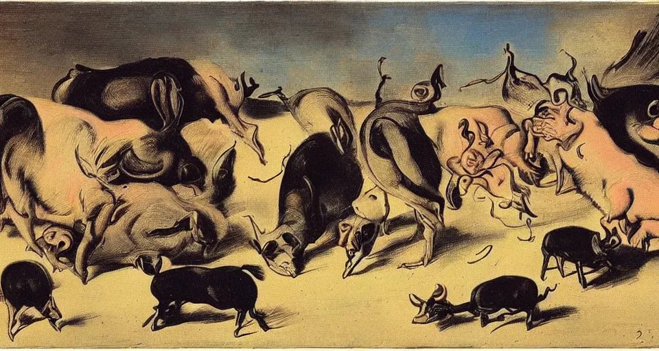 Prompt: trading pigs for swine by salvador dali and goya