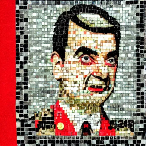 Image similar to a Soviet mosaic of Mr. Bean in military uniform