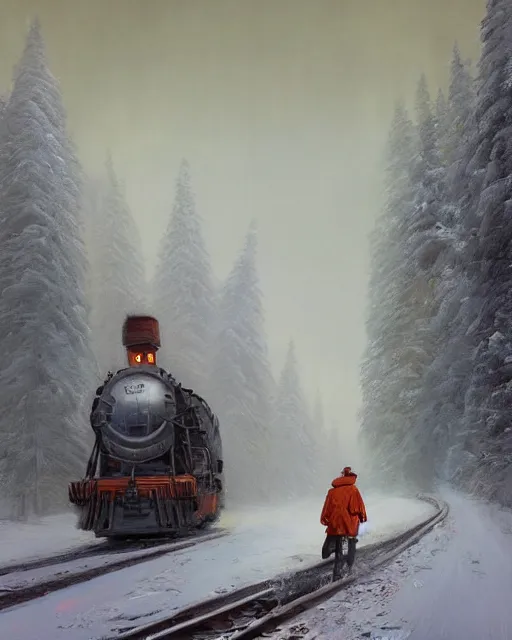 Image similar to a highly detailed epic cinematic concept art CG render digital painting artwork: Railroad in snowy landscape of Siberia and worker in orange west. By Greg Rutkowski, in the style of Francis Bacon and Syd Mead and Norman Rockwell and Beksinski, open ceiling, highly detailed, painted by Francis Bacon and Edward Hopper, painted by James Gilleard, surrealism, airbrush, Ilya Kuvshinov, WLOP, Stanley Artgerm, very coherent, triadic color scheme, art by Takato Yamamoto and James Jean