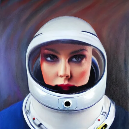 Prompt: fashion model in futuristic astronaut suit, portrait, hyperrealism oil painting