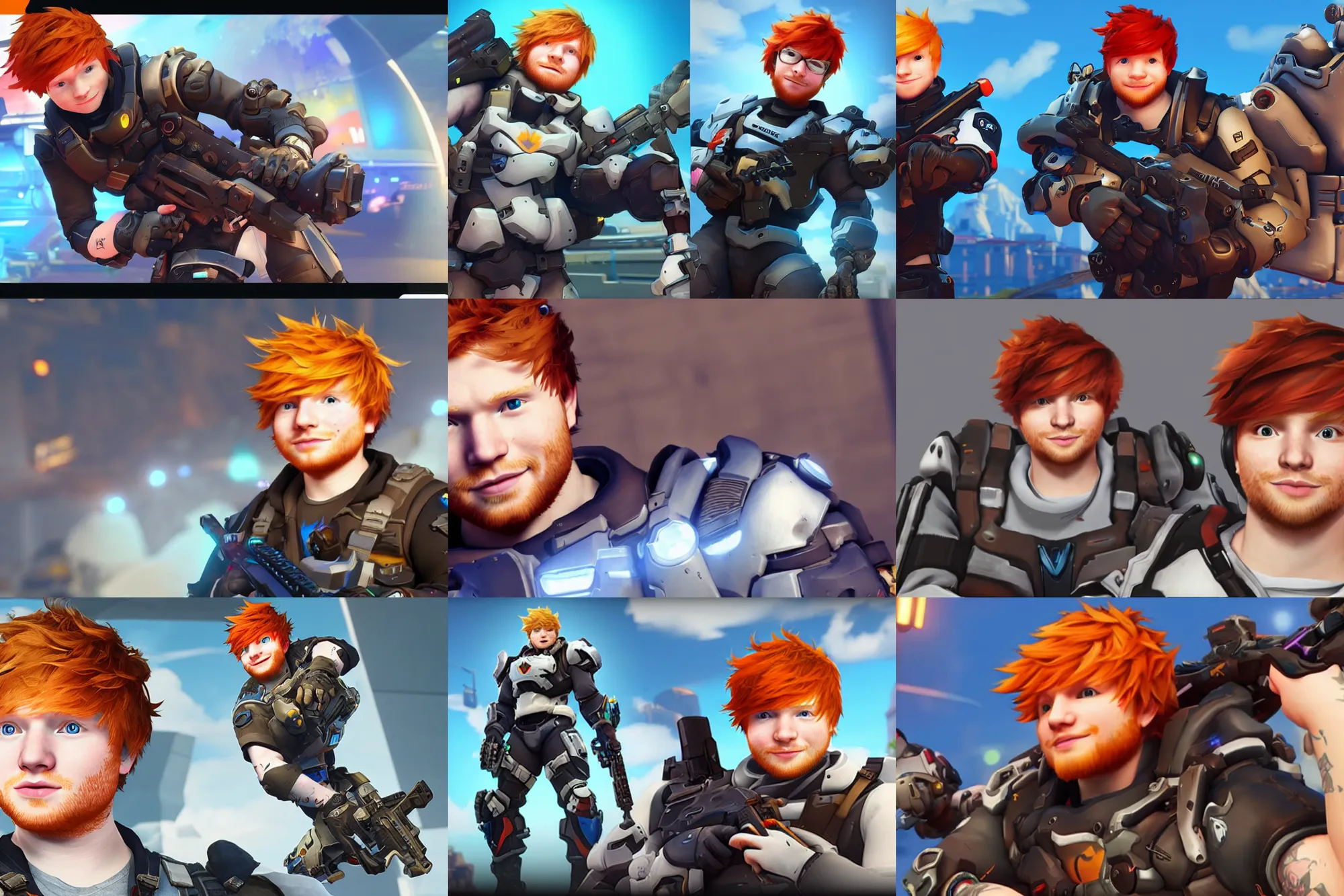 Prompt: a screenshot of ed sheeran in the video game overwatch. 3 d rendering. unreal engine. amazing likeness. very detailed. cartoon caricature.