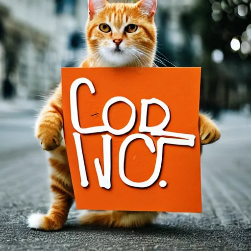 Prompt: golden hours, cute orange tabby cat holding a sign that says
